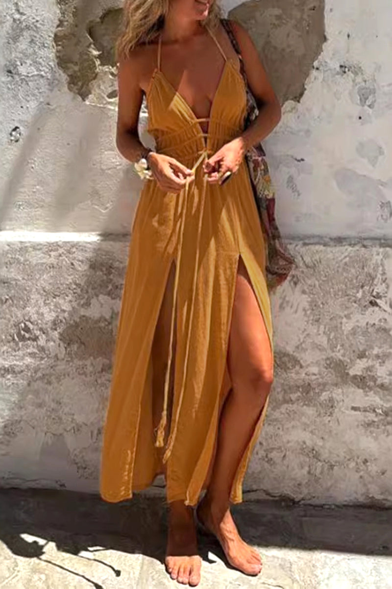 Lila - Sexy Urlaub Einfarbiges Trägerkleid Mit Schlitzband Und Unregelmäßigen Unregelmäßigen Kleidern