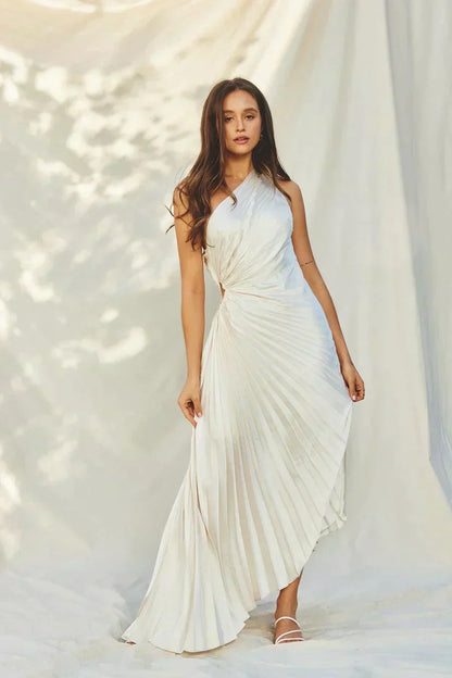 Sylviana - Ein-Schulter Plissiertes Midi-Kleid