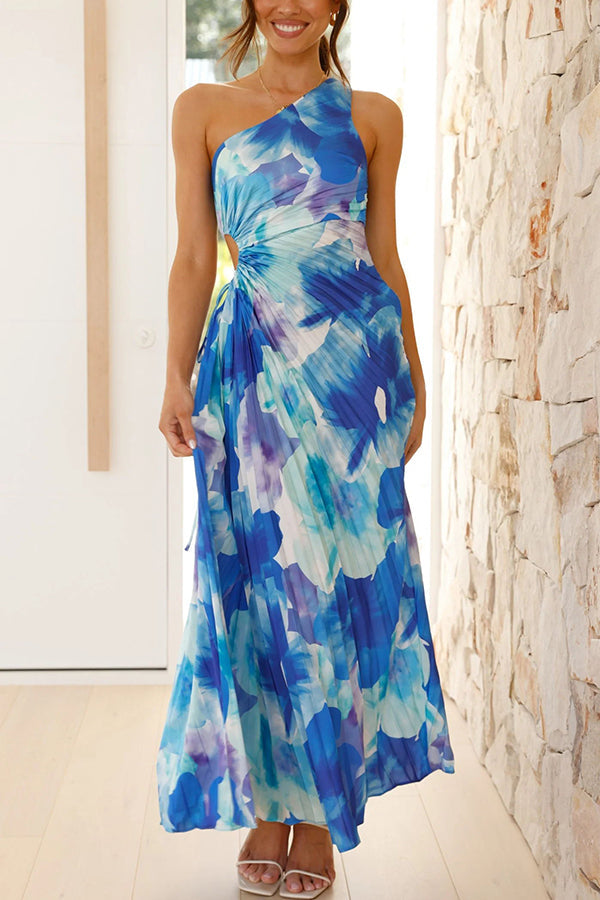 Deja - Blumenmuster Ein-Schulter Falten Maxi Kleid