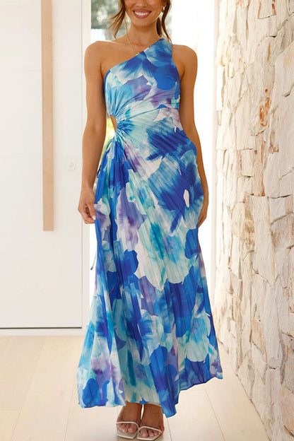 Deja - Blumenmuster Ein-Schulter Falten Maxi Kleid