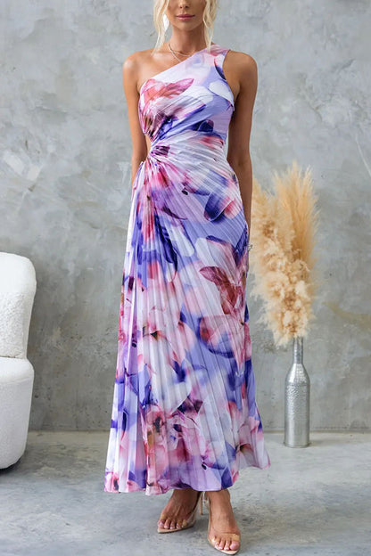 Deja - Blumenmuster Ein-Schulter Falten Maxi Kleid